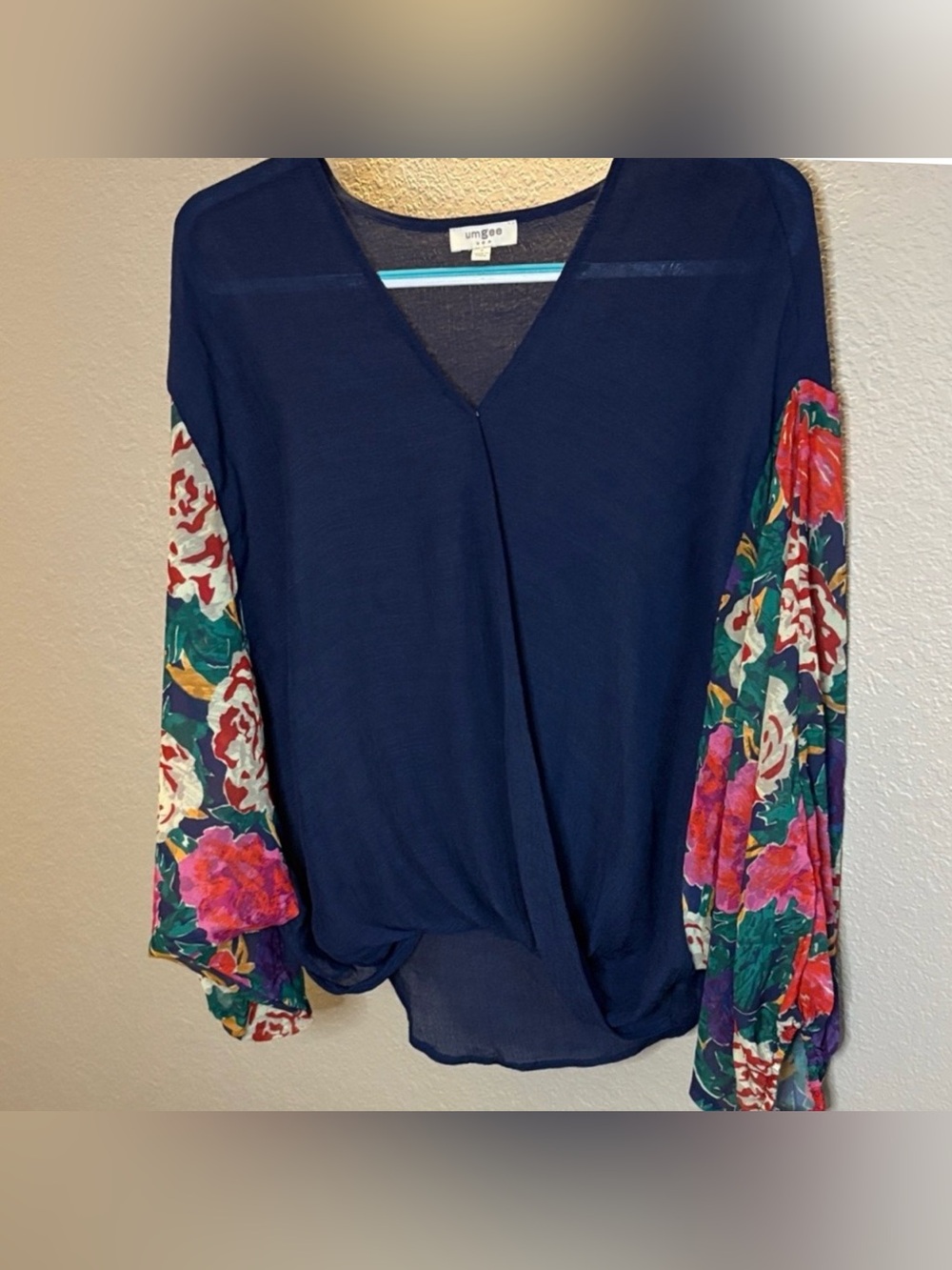 Umgee Navy Blouse with Multicolor Floral Balloon Sleeves